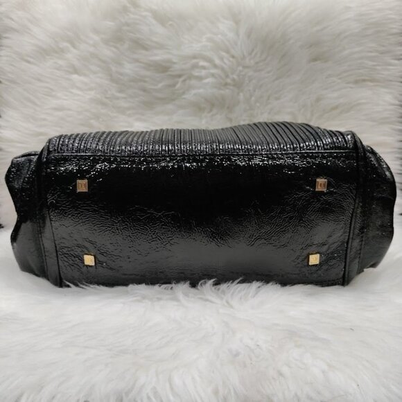 Elliott Lucca Black Patent Leather Handbag With Gold Accents Double Handle Bag - Picture 6 of 15